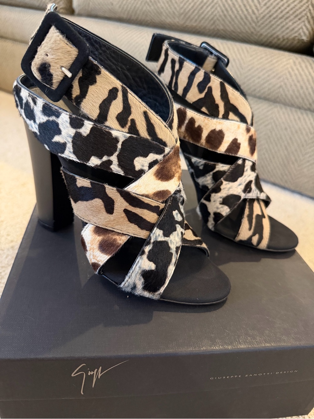 Giuseppe Zanotti Alien Dubai Pony Naturale Crisscross Heel Sandals Size 36.5